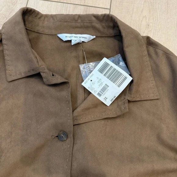 August Max‎ Woman 2X Brown Suede Button Up Collared Jacket Coat - Picture 2 of 6